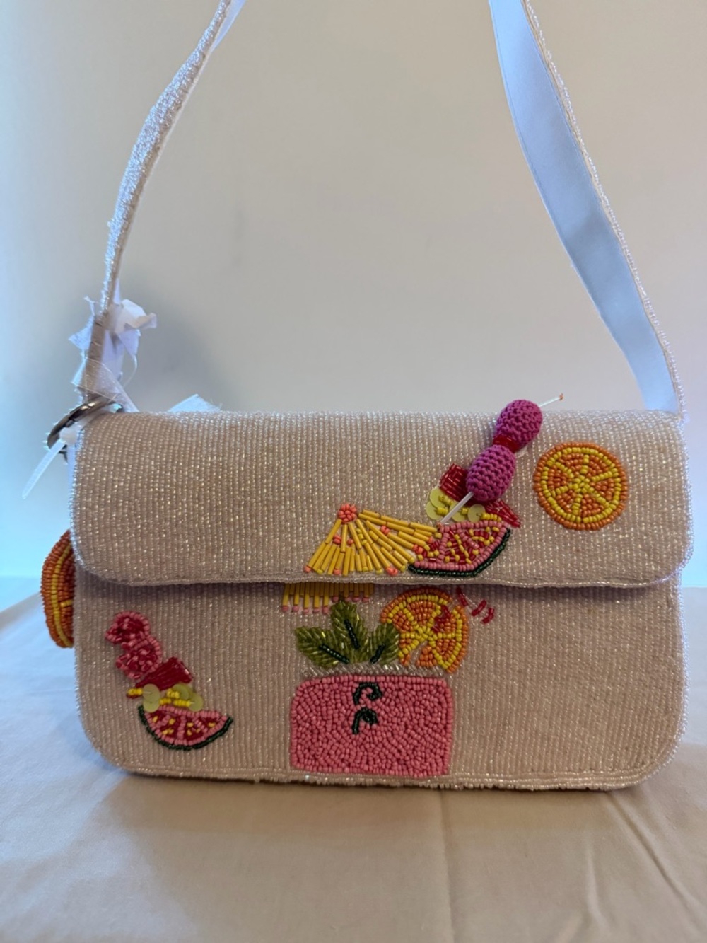 Beaded Pink Tropical Motif Shoulder Bag